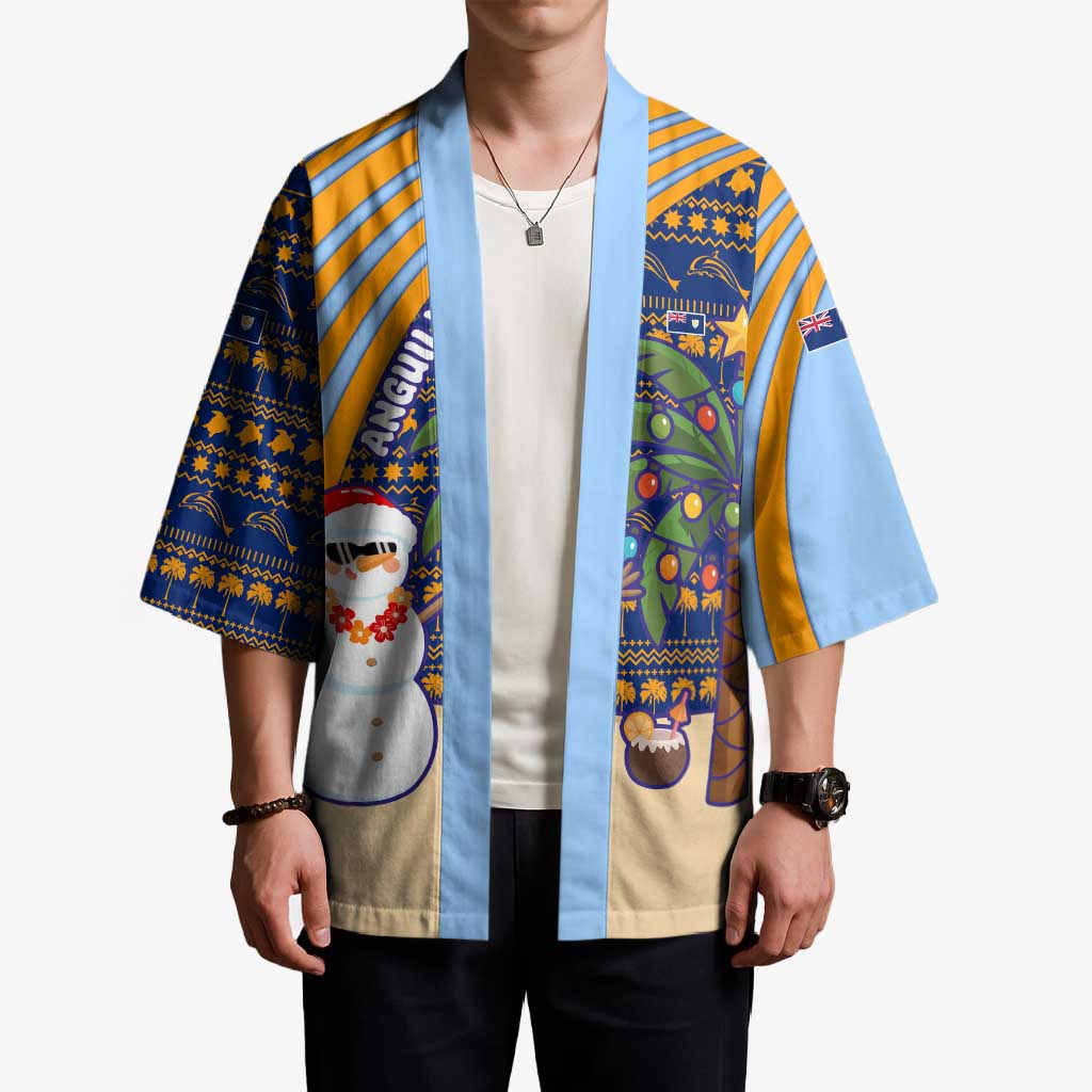 Anguilla Christmas Kimono with Snowman Palm Tree Ornaments Coconut Drink and Island Pattern Design - Wonder Print Shop