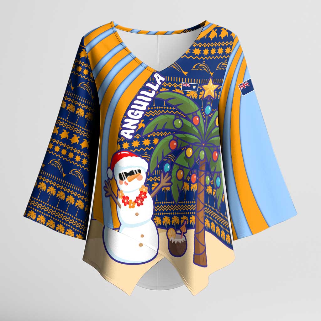 Anguilla Christmas Kimono Sleeve Blouse with Snowman Palm Tree Ornaments Coconut Drink and Island Pattern Design - Wonder Print Shop