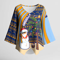 Anguilla Christmas Kimono Sleeve Blouse with Snowman Palm Tree Ornaments Coconut Drink and Island Pattern Design - Wonder Print Shop