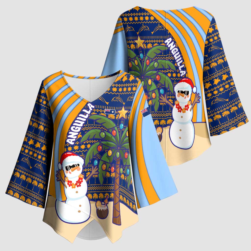 Anguilla Christmas Kimono Sleeve Blouse with Snowman Palm Tree Ornaments Coconut Drink and Island Pattern Design - Wonder Print Shop