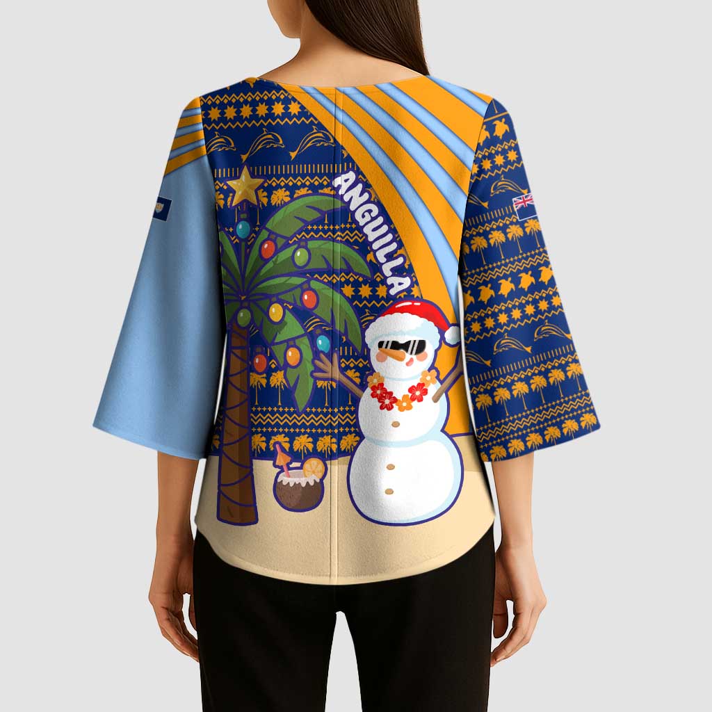 Anguilla Christmas Kimono Sleeve Blouse with Snowman Palm Tree Ornaments Coconut Drink and Island Pattern Design - Wonder Print Shop