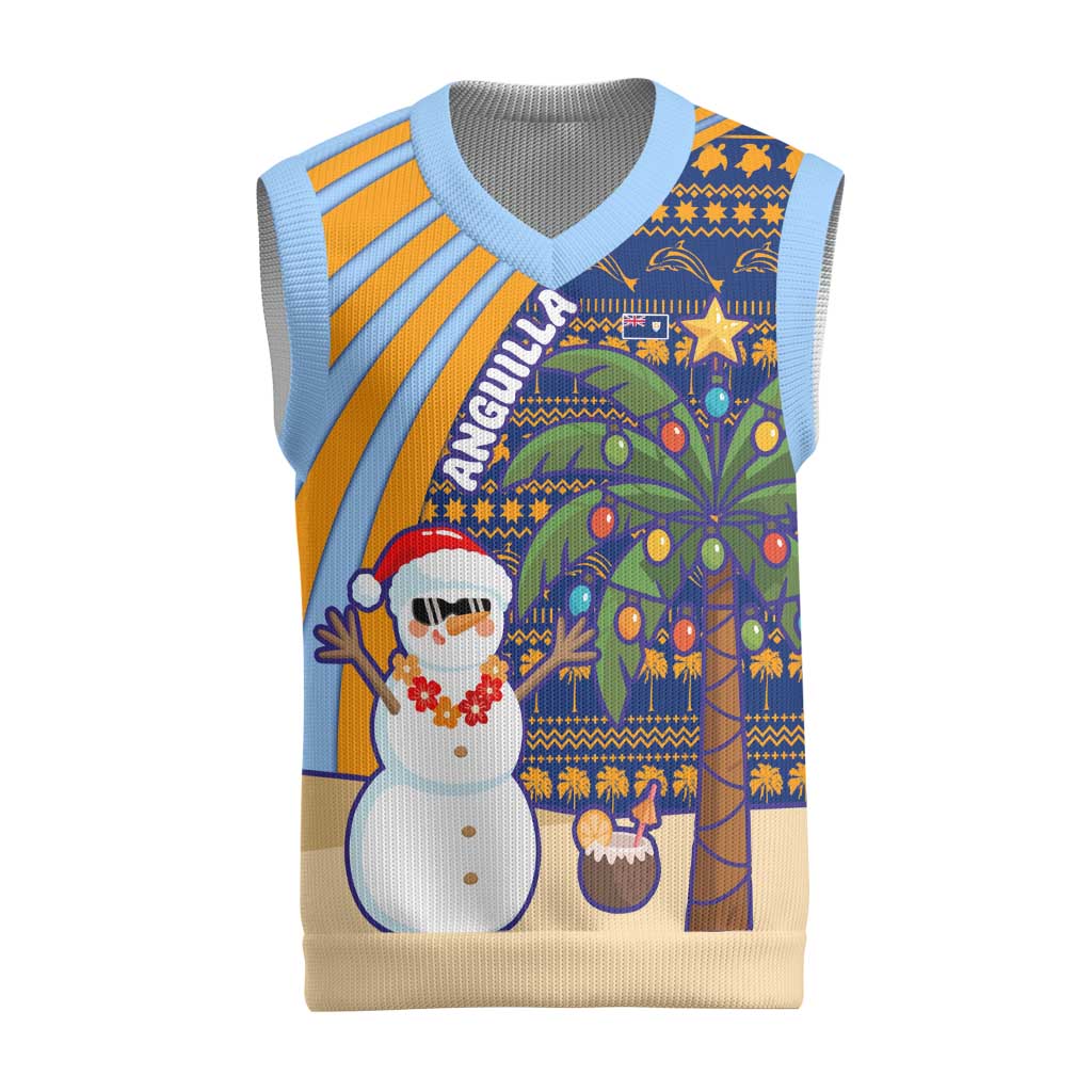 Anguilla Christmas Knitted V-Neck Vest with Snowman Palm Tree Ornaments Coconut Drink and Island Pattern Design - Wonder Print Shop