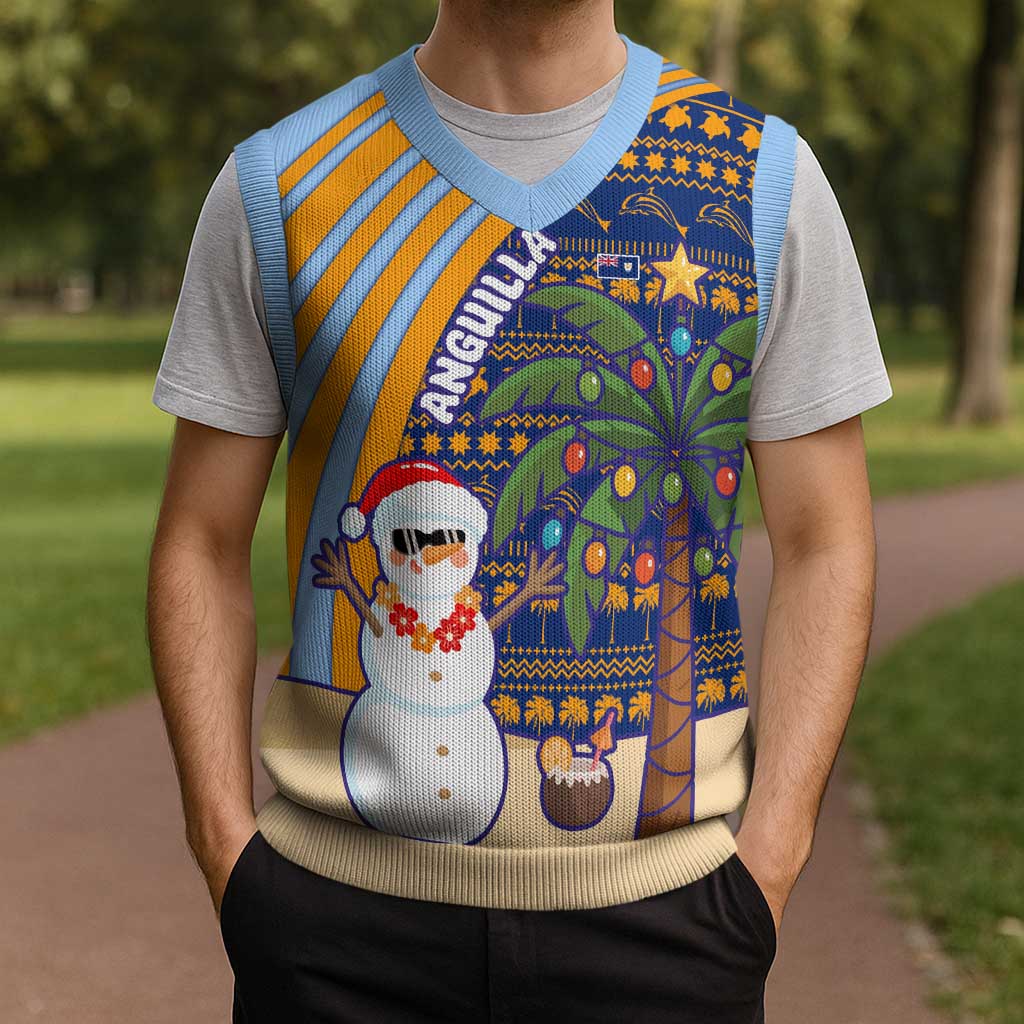 Anguilla Christmas Knitted V-Neck Vest with Snowman Palm Tree Ornaments Coconut Drink and Island Pattern Design - Wonder Print Shop