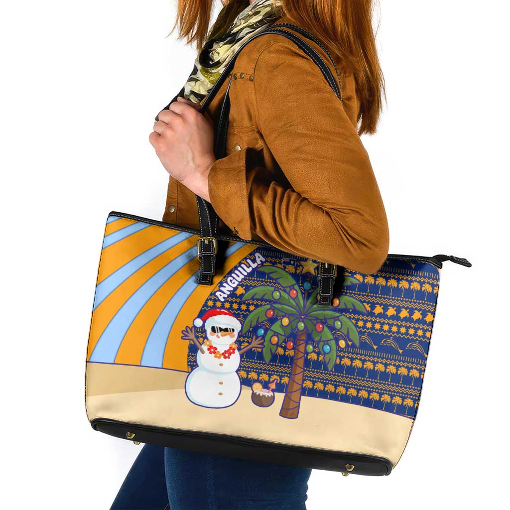 Anguilla Christmas Leather Tote Bag with Snowman Palm Tree Ornaments Coconut Drink and Island Pattern Design - Wonder Print Shop