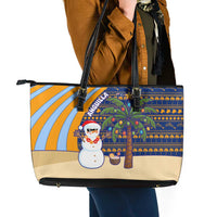 Anguilla Christmas Leather Tote Bag with Snowman Palm Tree Ornaments Coconut Drink and Island Pattern Design - Wonder Print Shop