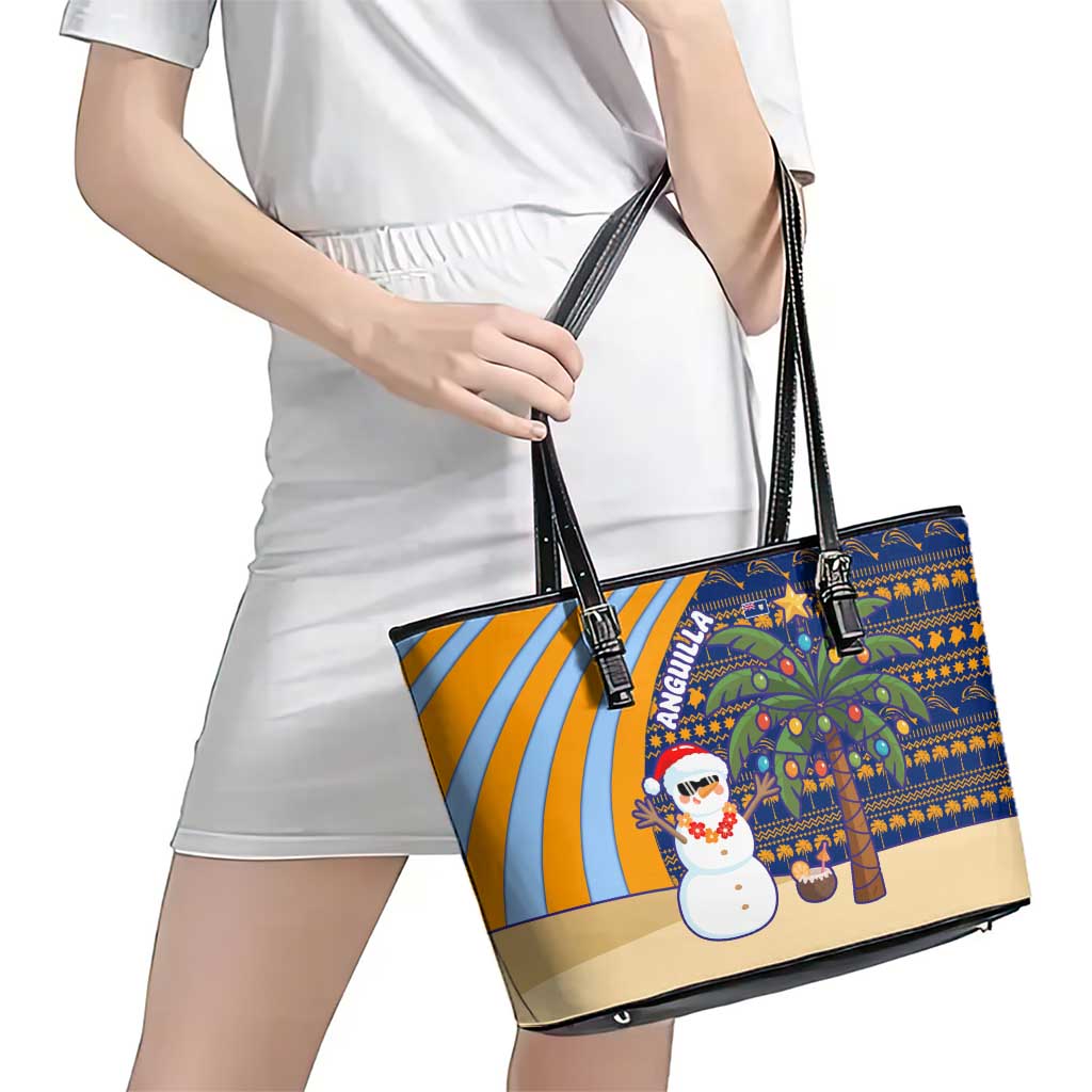 Anguilla Christmas Leather Tote Bag with Snowman Palm Tree Ornaments Coconut Drink and Island Pattern Design - Wonder Print Shop