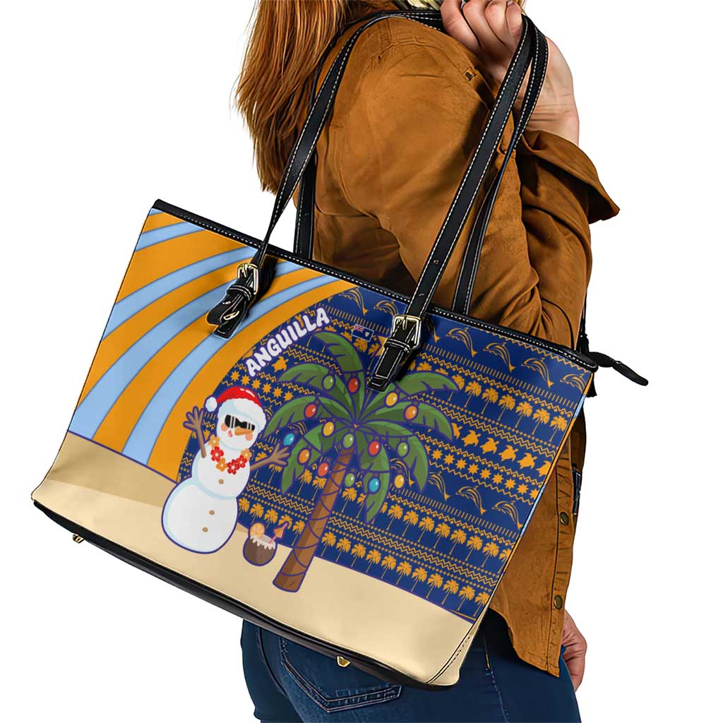 Anguilla Christmas Leather Tote Bag with Snowman Palm Tree Ornaments Coconut Drink and Island Pattern Design - Wonder Print Shop