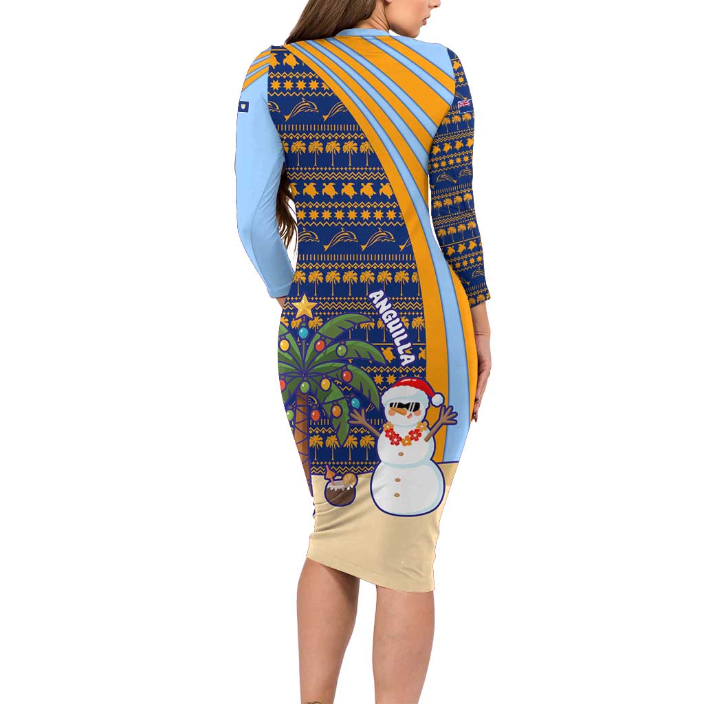 Anguilla Christmas Long Sleeve Bodycon Dress with Snowman Palm Tree Ornaments Coconut Drink and Island Pattern Design - Wonder Print Shop