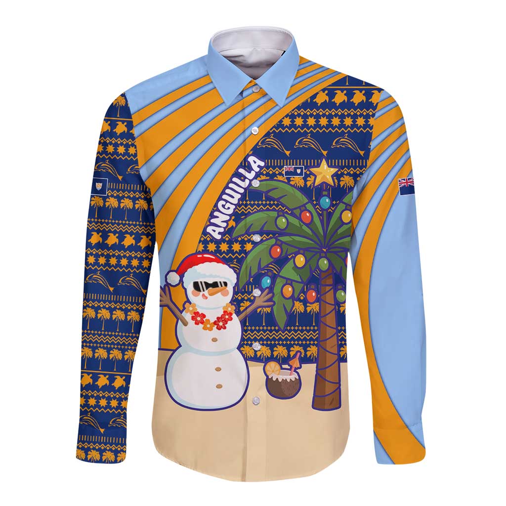 Anguilla Christmas Long Sleeve Button Shirt with Snowman Palm Tree Ornaments Coconut Drink and Island Pattern Design - Wonder Print Shop