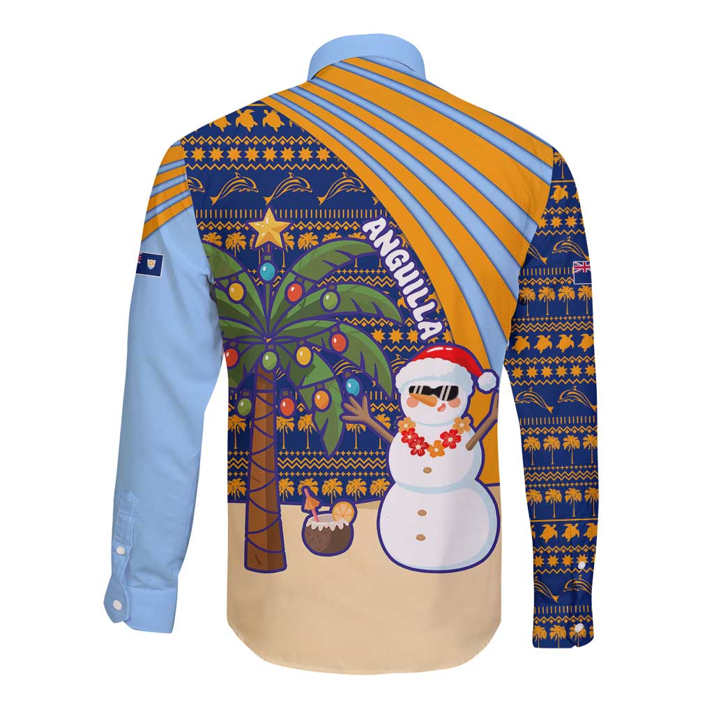 Anguilla Christmas Long Sleeve Button Shirt with Snowman Palm Tree Ornaments Coconut Drink and Island Pattern Design - Wonder Print Shop