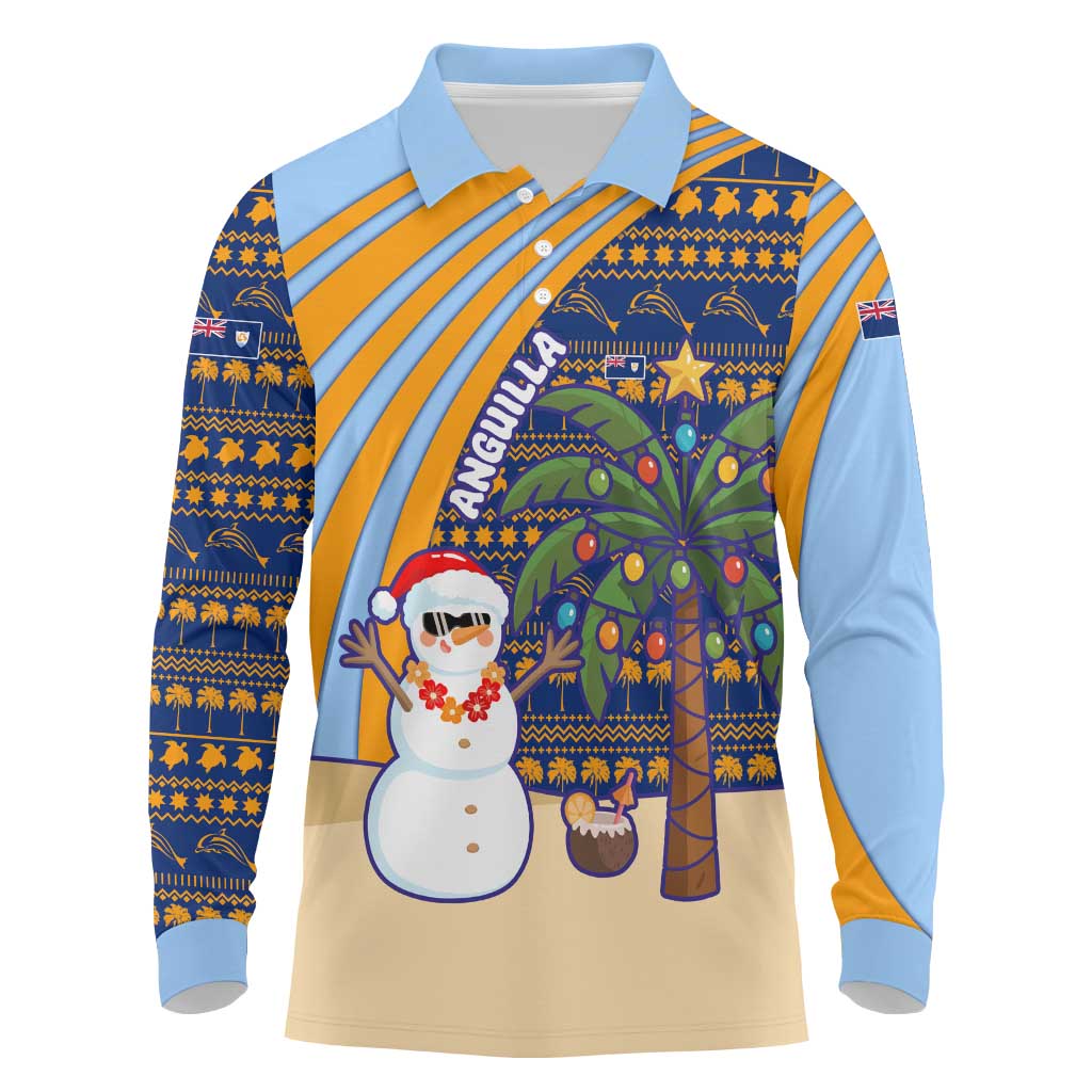 Anguilla Christmas Long Sleeve Polo Shirt with Snowman Palm Tree Ornaments Coconut Drink and Island Pattern Design - Wonder Print Shop