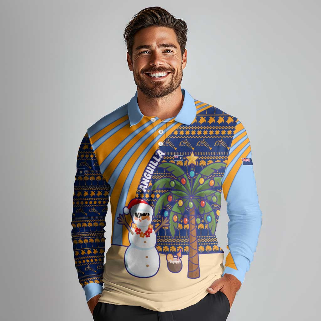 Anguilla Christmas Long Sleeve Polo Shirt with Snowman Palm Tree Ornaments Coconut Drink and Island Pattern Design - Wonder Print Shop