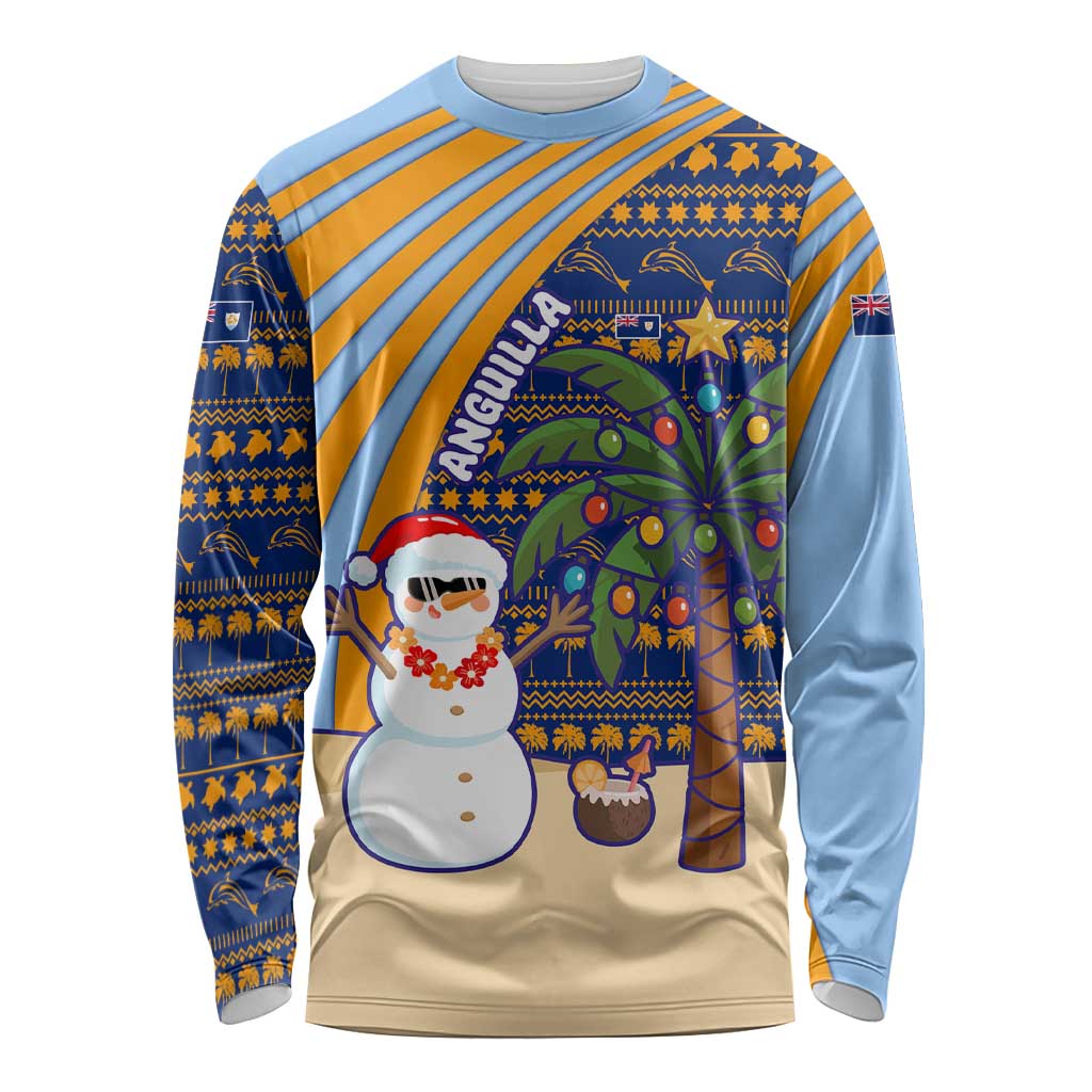 Anguilla Christmas Long Sleeve Shirt with Snowman Palm Tree Ornaments Coconut Drink and Island Pattern Design - Wonder Print Shop