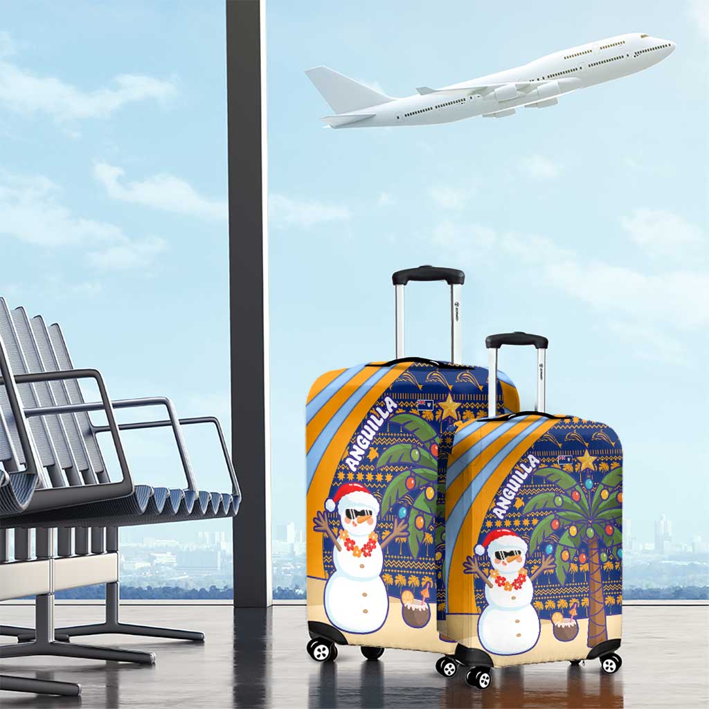 Anguilla Christmas Luggage Cover with Snowman Palm Tree Ornaments Coconut Drink and Island Pattern Design - Wonder Print Shop