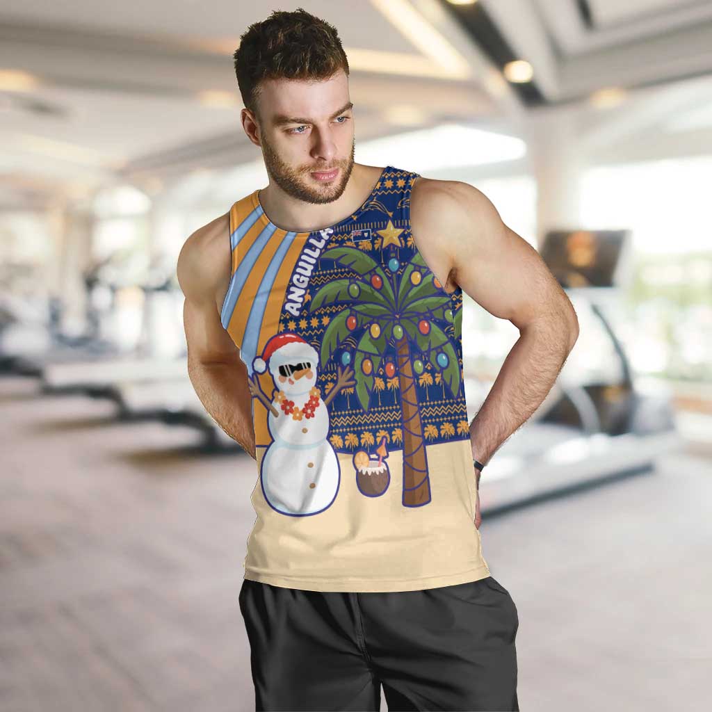 Anguilla Christmas Men Tank Top with Snowman Palm Tree Ornaments Coconut Drink and Island Pattern Design - Wonder Print Shop