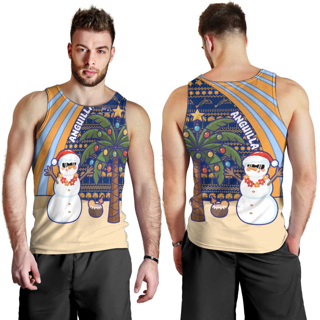 Anguilla Christmas Men Tank Top with Snowman Palm Tree Ornaments Coconut Drink and Island Pattern Design - Wonder Print Shop