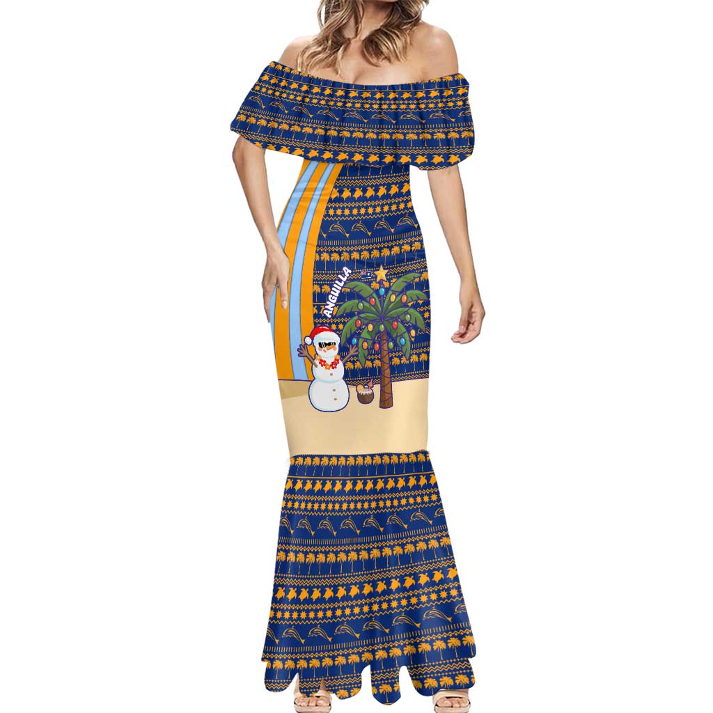 Anguilla Christmas Mermaid Dress with Snowman Palm Tree Ornaments Coconut Drink and Island Pattern Design - Wonder Print Shop