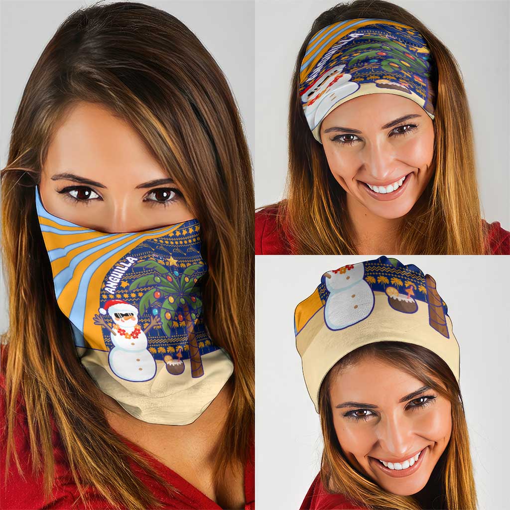 Anguilla Christmas Neck Gaiter with Snowman Palm Tree Ornaments Coconut Drink and Island Pattern Design - Wonder Print Shop