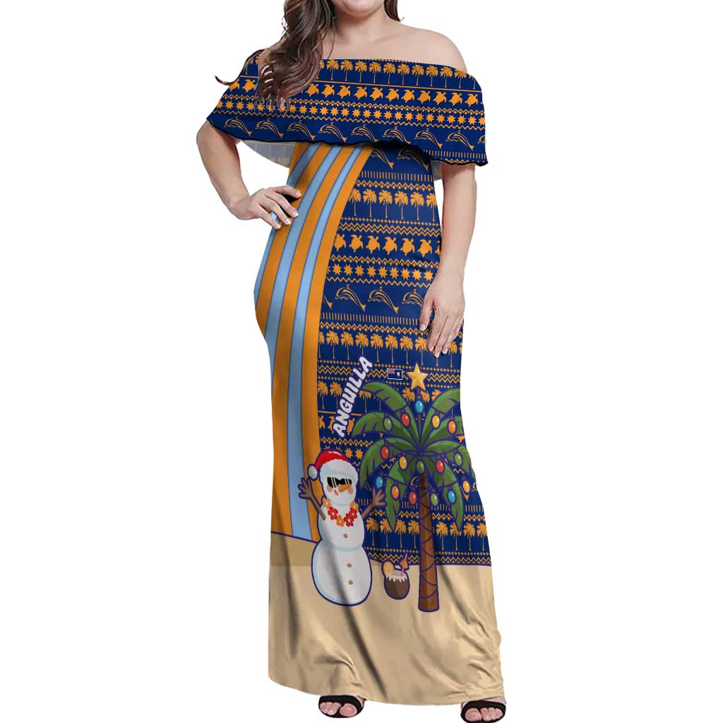 Anguilla Christmas Off Shoulder Maxi Dress with Snowman Palm Tree Ornaments Coconut Drink and Island Pattern Design - Wonder Print Shop