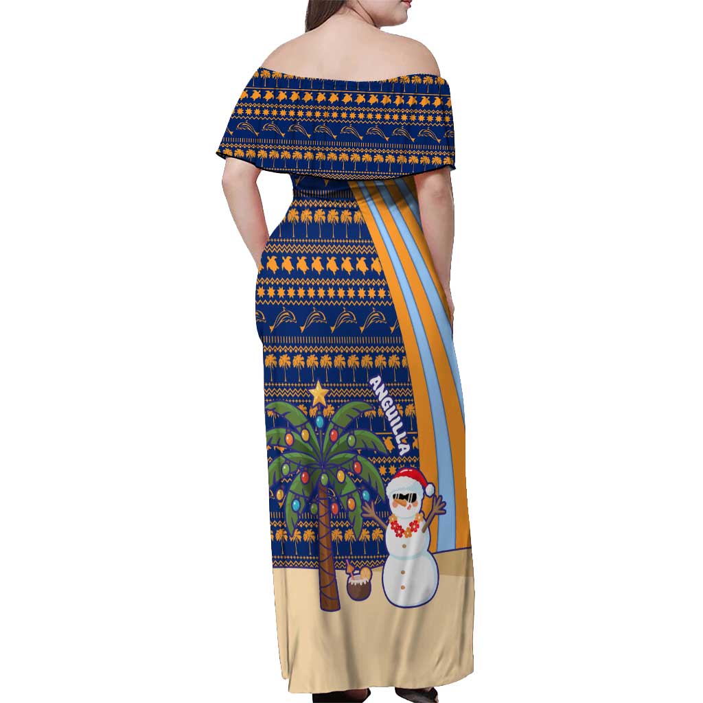 Anguilla Christmas Off Shoulder Maxi Dress with Snowman Palm Tree Ornaments Coconut Drink and Island Pattern Design - Wonder Print Shop