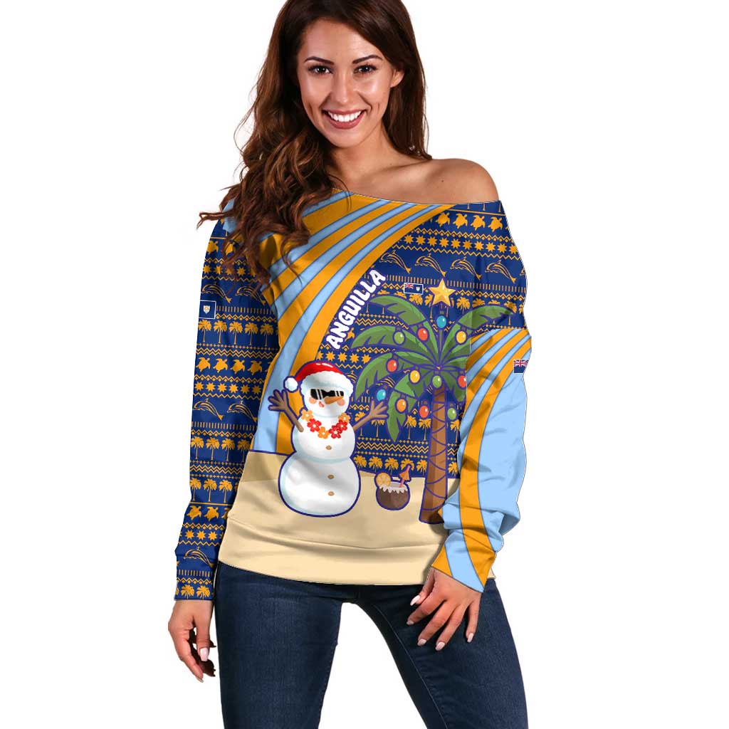 Anguilla Christmas Off Shoulder Sweater with Snowman Palm Tree Ornaments Coconut Drink and Island Pattern Design - Wonder Print Shop