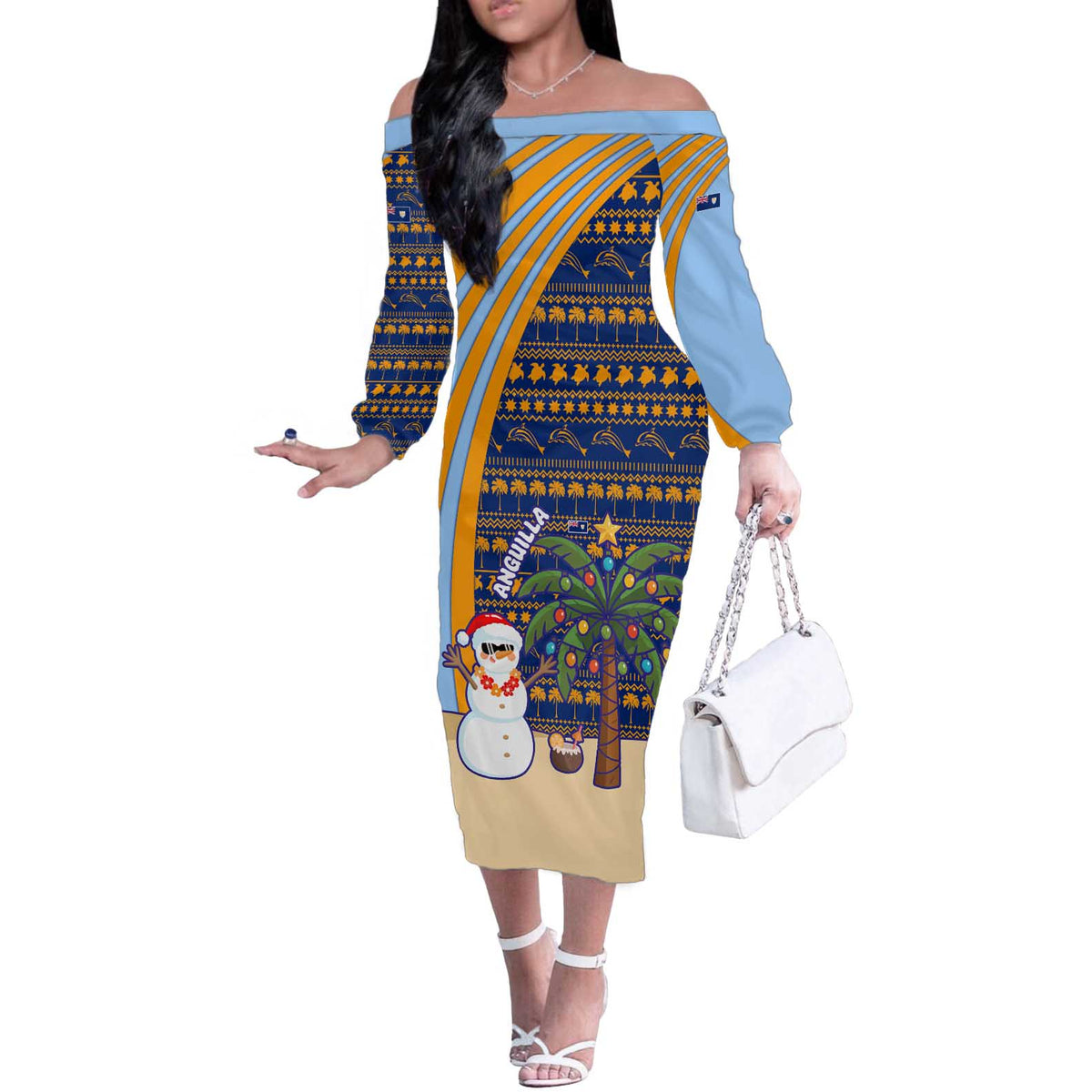 Anguilla Christmas Off The Shoulder Long Sleeve Dress with Snowman Palm Tree Ornaments Coconut Drink and Island Pattern Design - Wonder Print Shop