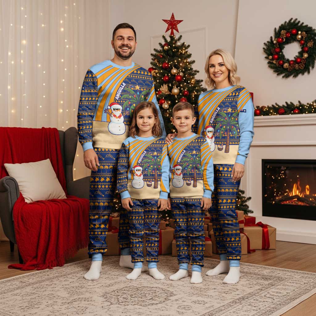 Anguilla Christmas Pajama Set with Snowman Palm Tree Ornaments Coconut Drink and Island Pattern Design - Wonder Print Shop