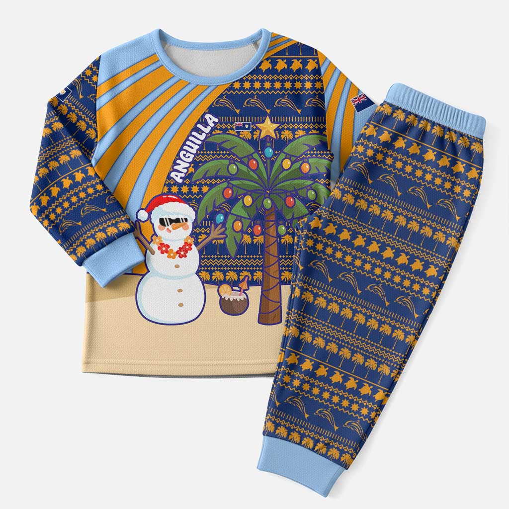 Anguilla Christmas Pajama Set with Snowman Palm Tree Ornaments Coconut Drink and Island Pattern Design - Wonder Print Shop