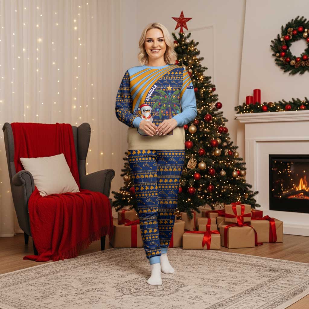 Anguilla Christmas Pajama Set with Snowman Palm Tree Ornaments Coconut Drink and Island Pattern Design - Wonder Print Shop