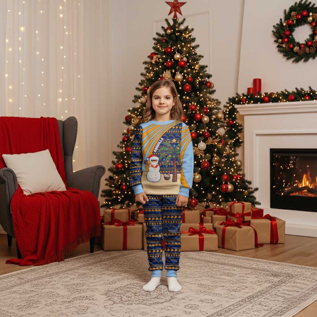 Anguilla Christmas Pajama Set with Snowman Palm Tree Ornaments Coconut Drink and Island Pattern Design - Wonder Print Shop