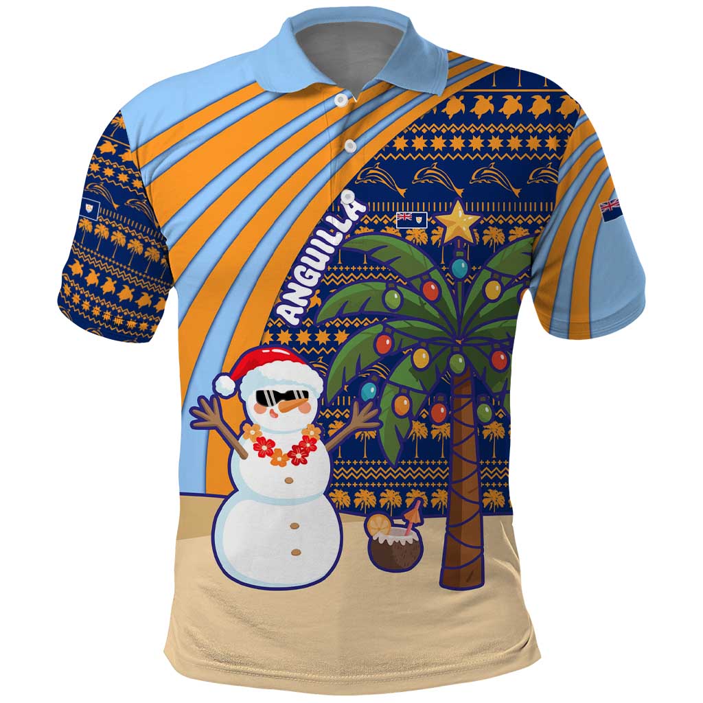 Anguilla Christmas Polo Shirt with Snowman Palm Tree Ornaments Coconut Drink and Island Pattern Design - Wonder Print Shop