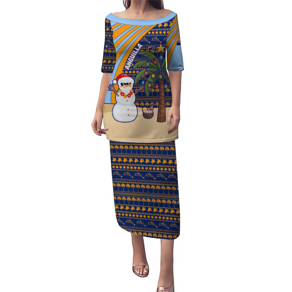 Anguilla Christmas Puletasi with Snowman Palm Tree Ornaments Coconut Drink and Island Pattern Design - Wonder Print Shop