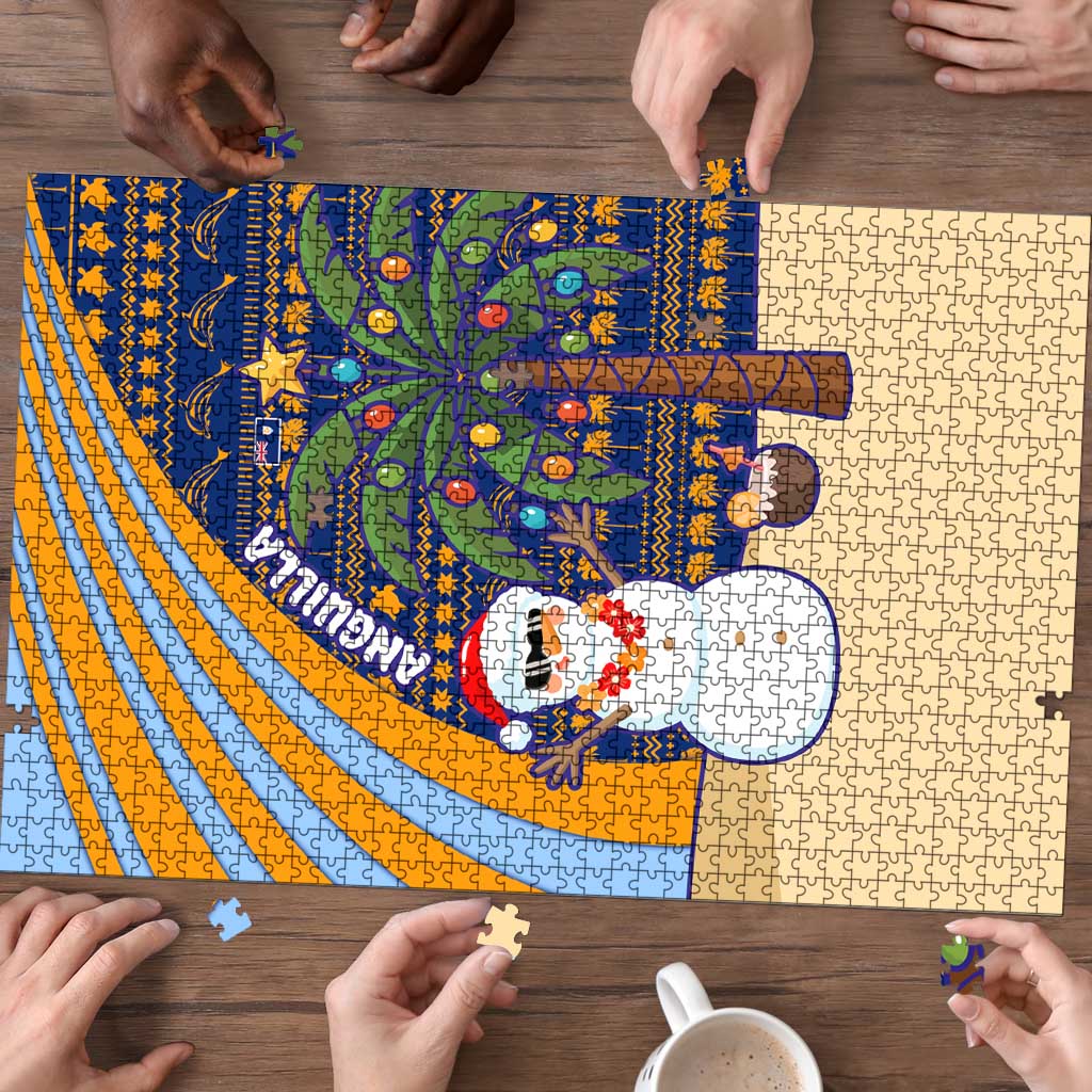 Anguilla Christmas Puzzle with Snowman Palm Tree Ornaments Coconut Drink and Island Pattern Design - Wonder Print Shop