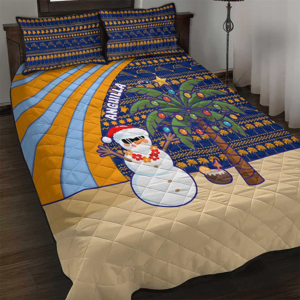 Anguilla Christmas Quilt Bed Set with Snowman Palm Tree Ornaments Coconut Drink and Island Pattern Design - Wonder Print Shop