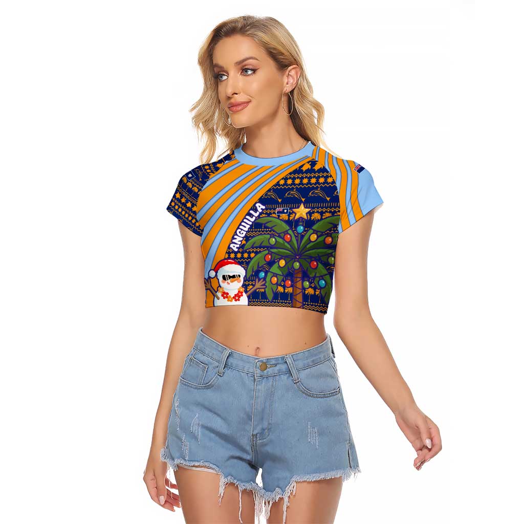 Anguilla Christmas Raglan Cropped T Shirt with Snowman Palm Tree Ornaments Coconut Drink and Island Pattern Design - Wonder Print Shop