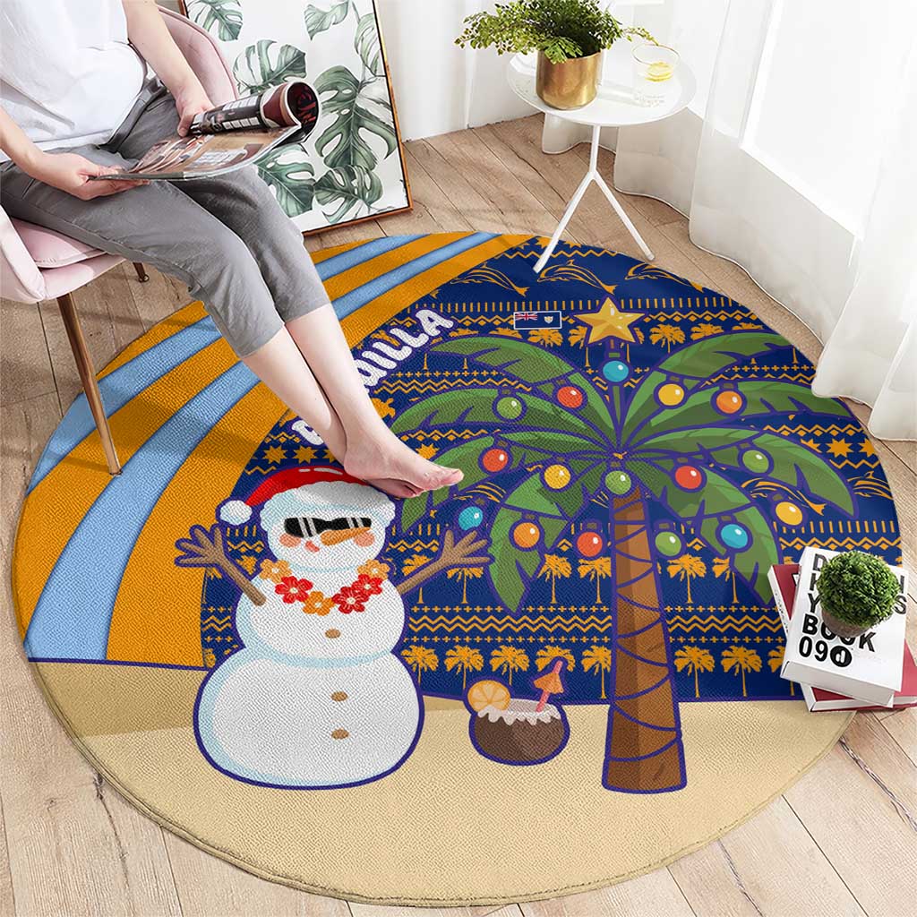 Anguilla Christmas Round Carpet with Snowman Palm Tree Ornaments Coconut Drink and Island Pattern Design - Wonder Print Shop