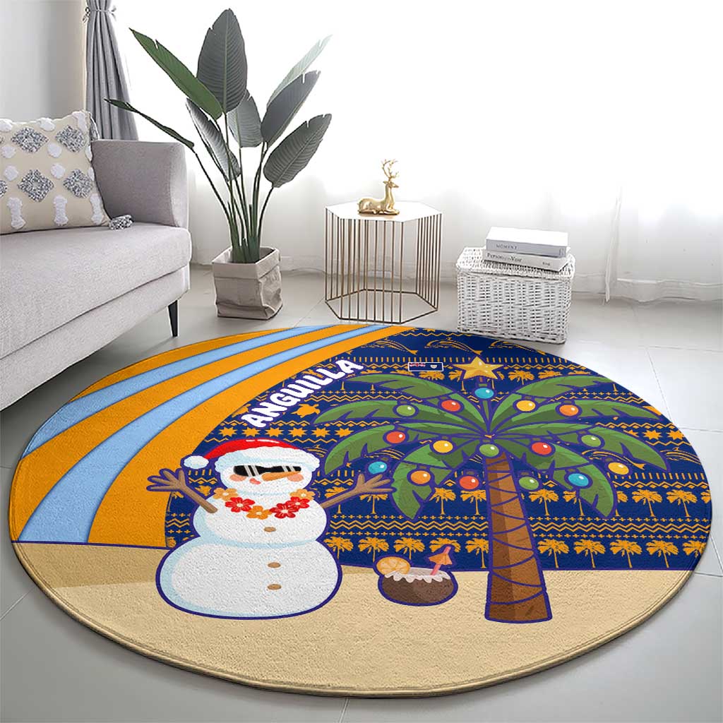 Anguilla Christmas Round Carpet with Snowman Palm Tree Ornaments Coconut Drink and Island Pattern Design - Wonder Print Shop
