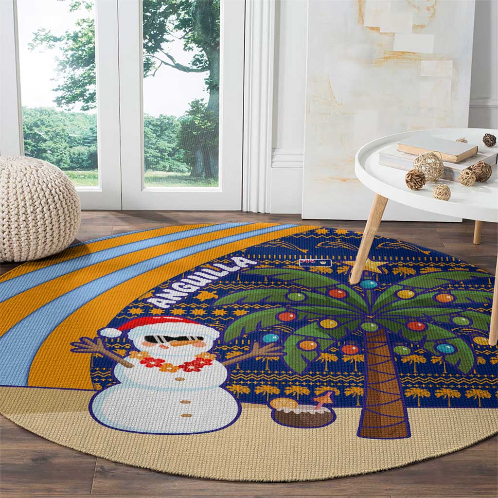 Anguilla Christmas Round Carpet with Snowman Palm Tree Ornaments Coconut Drink and Island Pattern Design - Wonder Print Shop