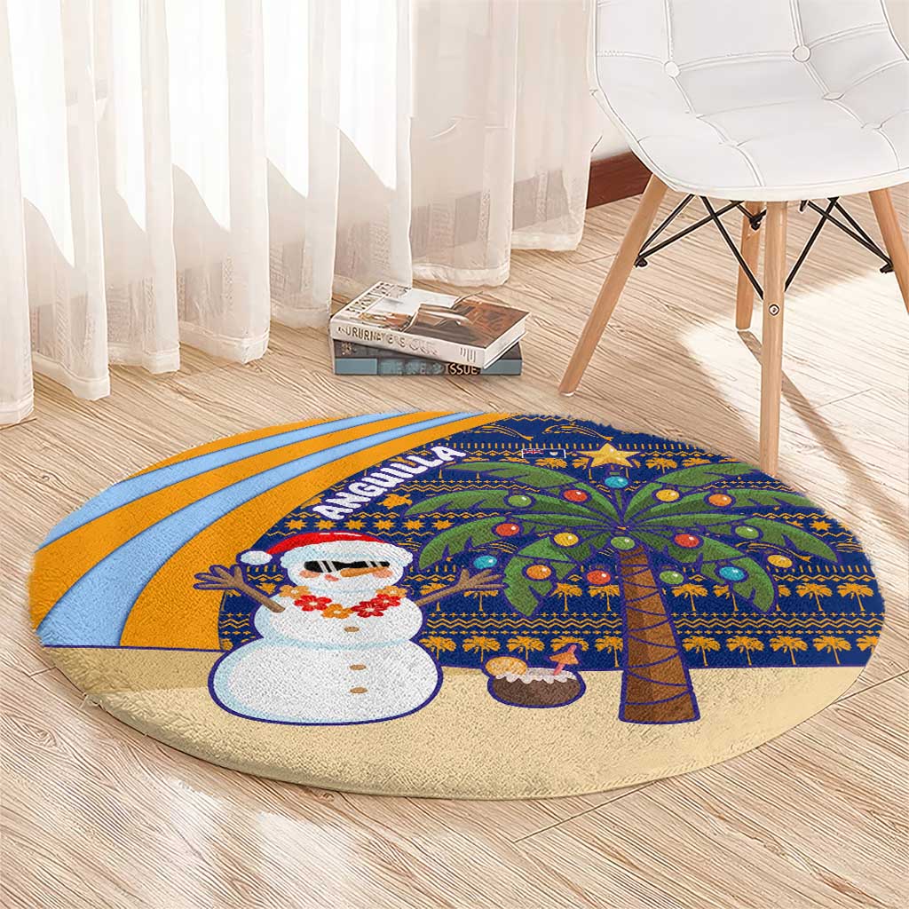 Anguilla Christmas Round Carpet with Snowman Palm Tree Ornaments Coconut Drink and Island Pattern Design - Wonder Print Shop