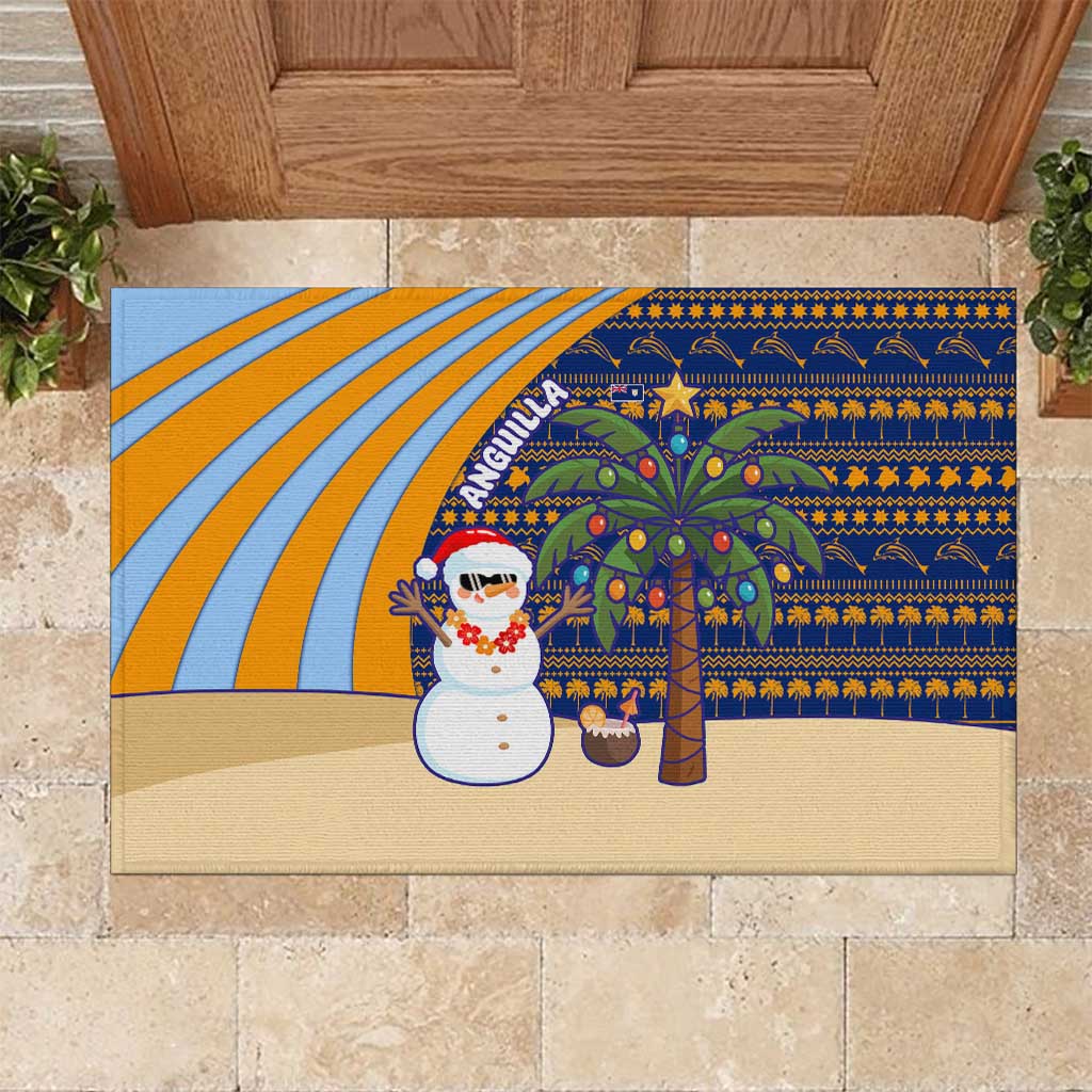 Anguilla Christmas Rubber Doormat with Snowman Palm Tree Ornaments Coconut Drink and Island Pattern Design - Wonder Print Shop