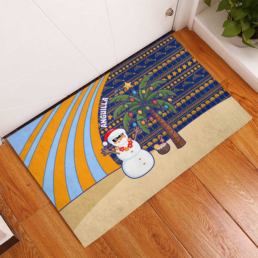 Anguilla Christmas Rubber Doormat with Snowman Palm Tree Ornaments Coconut Drink and Island Pattern Design - Wonder Print Shop