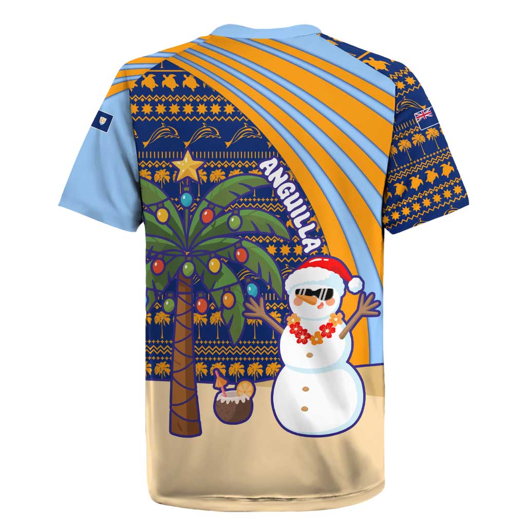 Anguilla Christmas Rugby Jersey with Snowman Palm Tree Ornaments Coconut Drink and Island Pattern Design - Wonder Print Shop