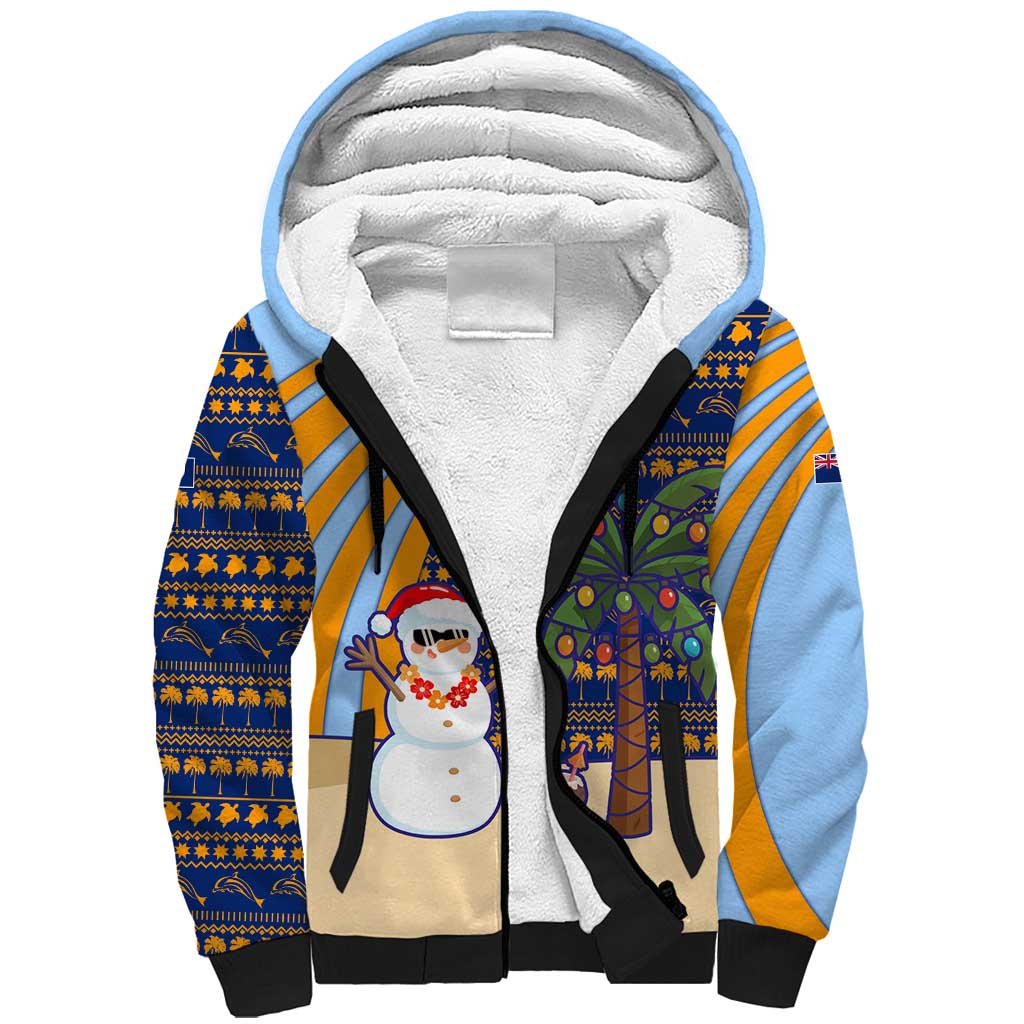 Anguilla Christmas Sherpa Hoodie with Snowman Palm Tree Ornaments Coconut Drink and Island Pattern Design - Wonder Print Shop