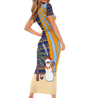 Anguilla Christmas Short Sleeve Bodycon Dress with Snowman Palm Tree Ornaments Coconut Drink and Island Pattern Design - Wonder Print Shop