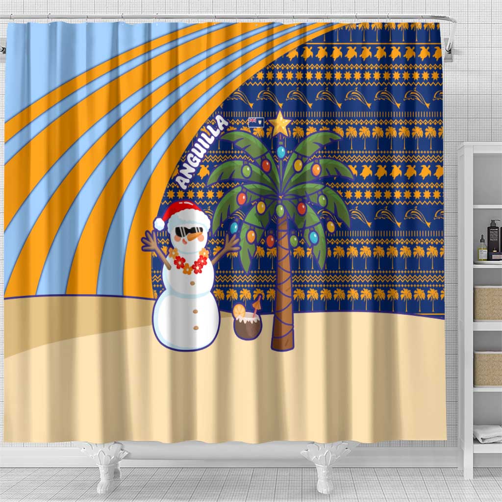Anguilla Christmas Shower Curtain with Snowman Palm Tree Ornaments Coconut Drink and Island Pattern Design - Wonder Print Shop