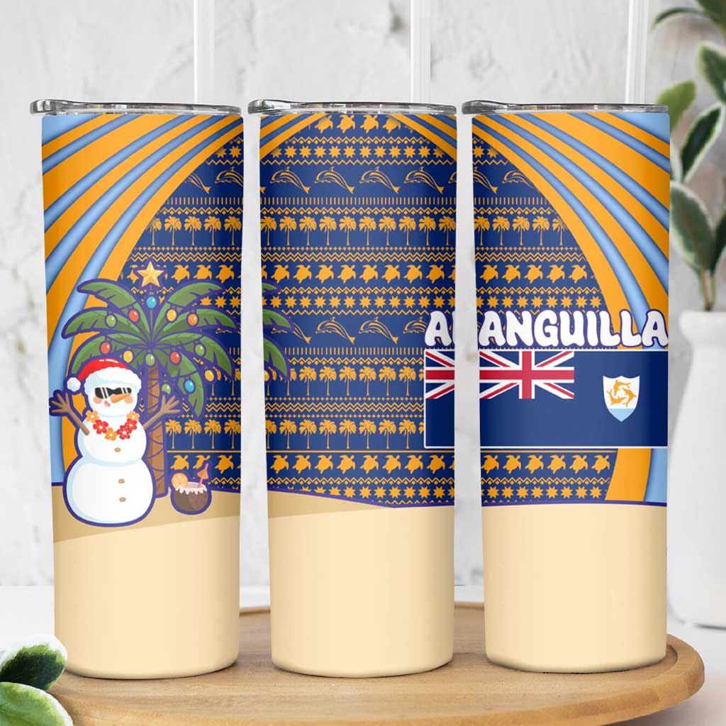 Anguilla Christmas Skinny Tumbler with Snowman Palm Tree Ornaments Coconut Drink and Island Pattern Design - Wonder Print Shop