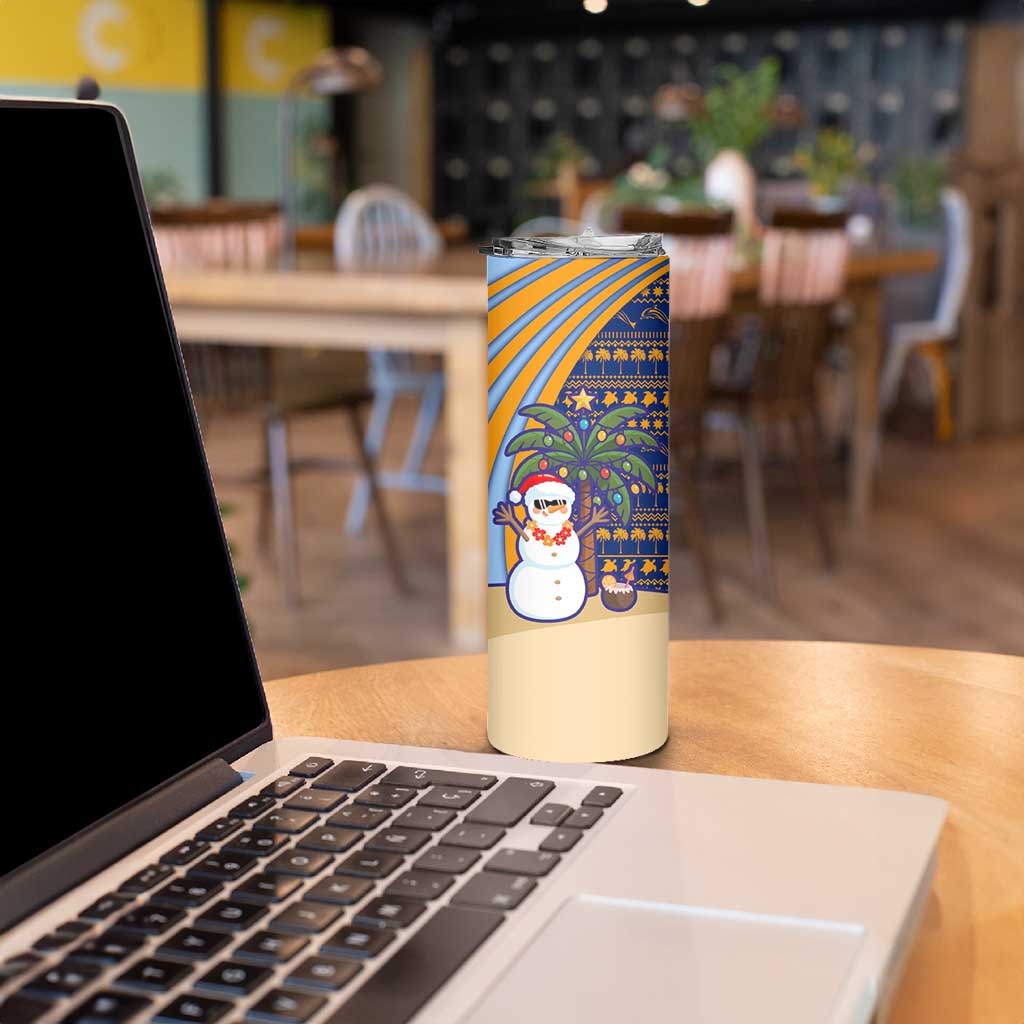 Anguilla Christmas Skinny Tumbler with Snowman Palm Tree Ornaments Coconut Drink and Island Pattern Design - Wonder Print Shop