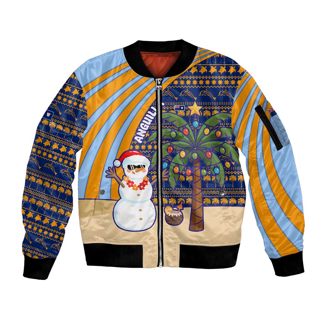 Anguilla Christmas Sleeve Zip Bomber Jacket with Snowman Palm Tree Ornaments Coconut Drink and Island Pattern Design - Wonder Print Shop