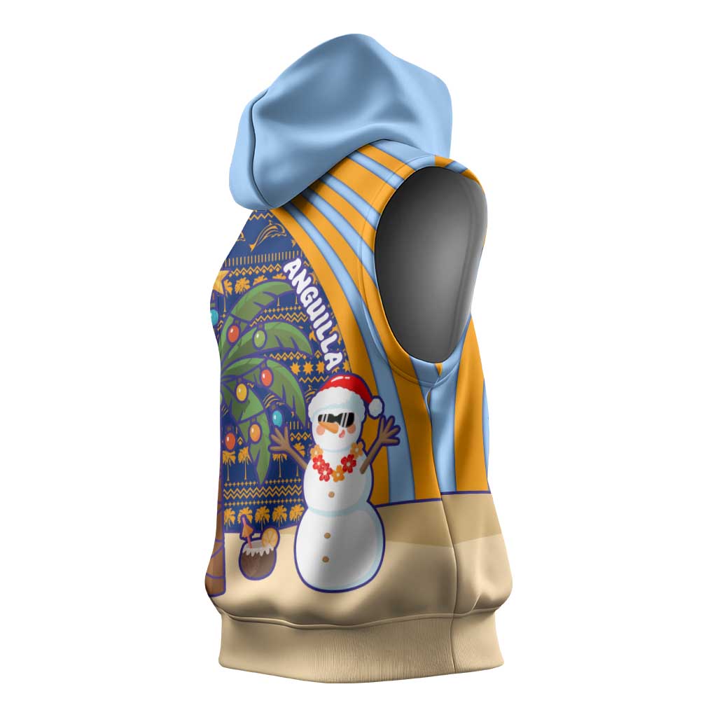 Anguilla Christmas Sleeveless Hoodie with Snowman Palm Tree Ornaments Coconut Drink and Island Pattern Design - Wonder Print Shop