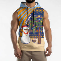 Anguilla Christmas Sleeveless Hoodie with Snowman Palm Tree Ornaments Coconut Drink and Island Pattern Design - Wonder Print Shop